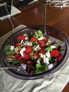 A salad I made after the race with fresh strawberries, local goal cheese, local greens, and walnuts from Highland Market.